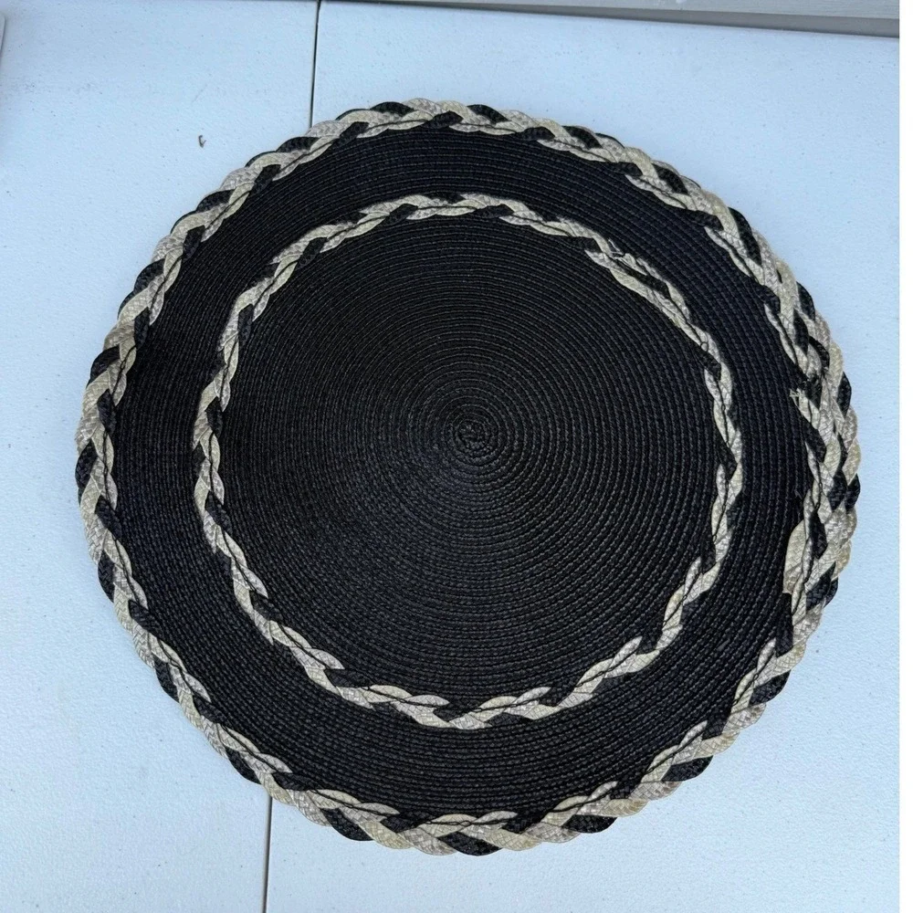 Set of 5 Round Black Woven Placemats with Tan Braided Trim 15 Inch Boho Decor